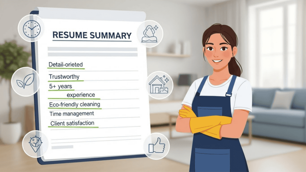 “Illustration of a confident house cleaner standing next to a highlighted resume summary showing key skills and experience, with icons representing eco-friendly cleaning, time management, and client satisfaction, set against a clean home background.”