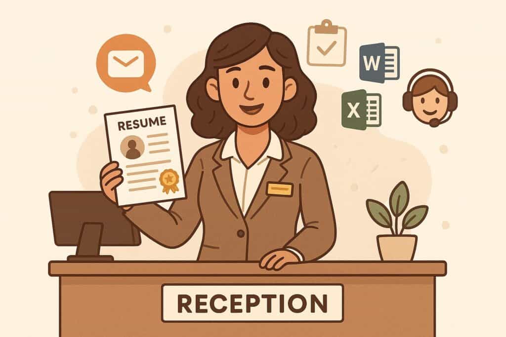 Illustration of a smiling receptionist standing behind a front desk holding a resume, with icons for communication, Microsoft Word, Excel, and customer support.