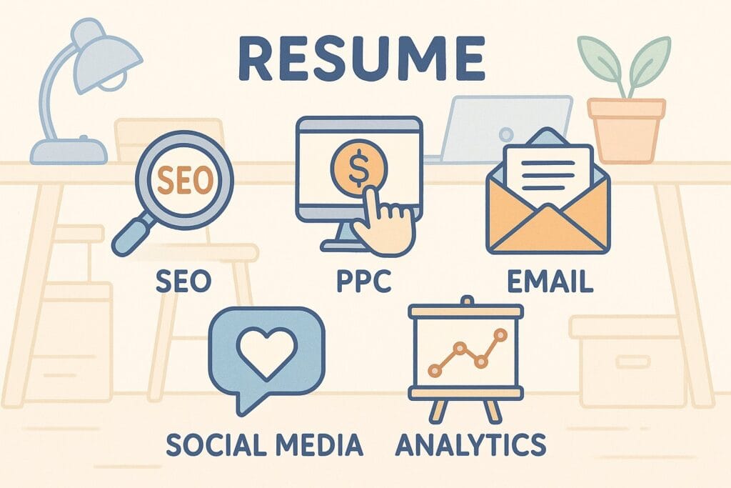 "Illustrated resume skills section with icons for SEO, PPC, analytics, social media, and email marketing in a soft pastel cartoon style."