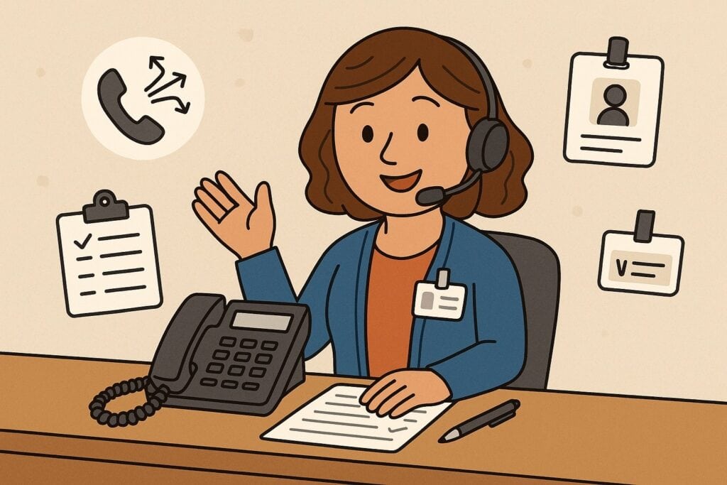 Cartoon receptionist talking on the phone at a reception desk with a sign-in sheet, clipboard task icon, and visitor ID badge icon.