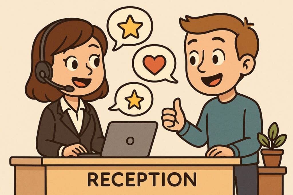 Cartoon receptionist wearing a headset assisting a visitor, with speech bubbles showing stars and a heart to represent positive customer service.