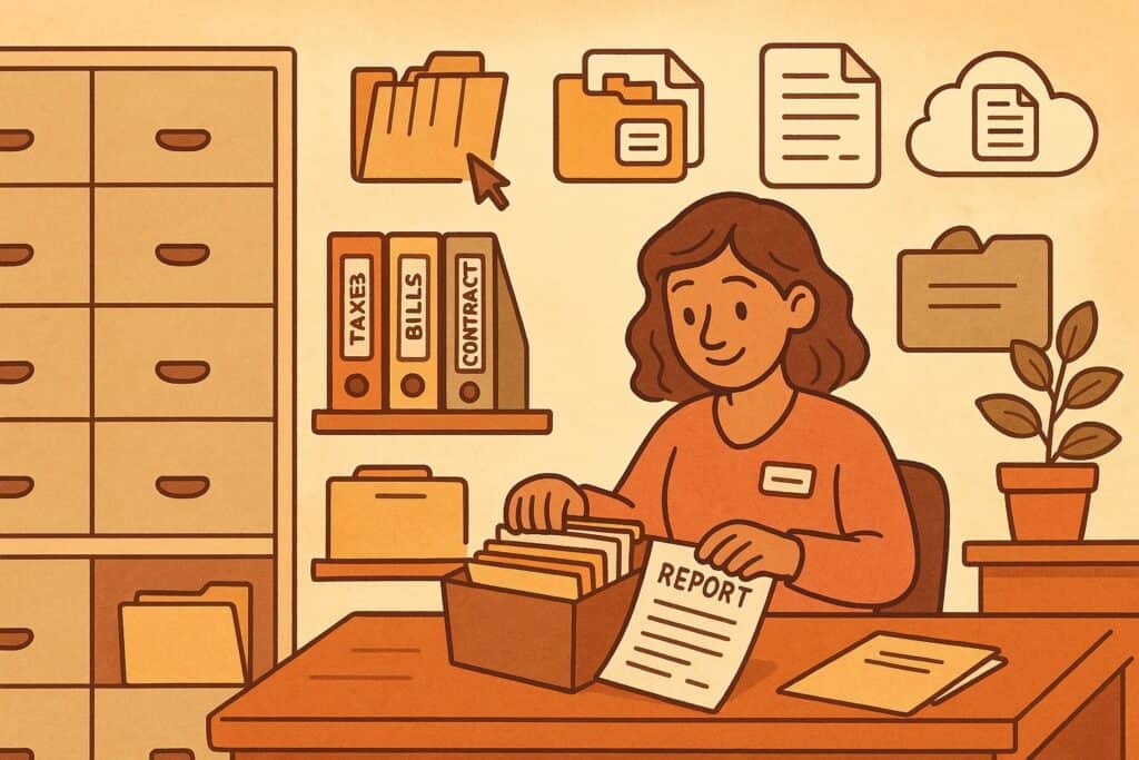 Illustration of a receptionist sorting paper files and reports in an organized office with cabinets, folders, and binders.