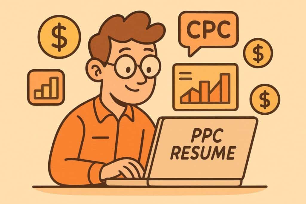 "Illustration of a marketer analyzing PPC dashboards with CPC icons, budget charts, and ads interface elements in a cartoon pastel style."