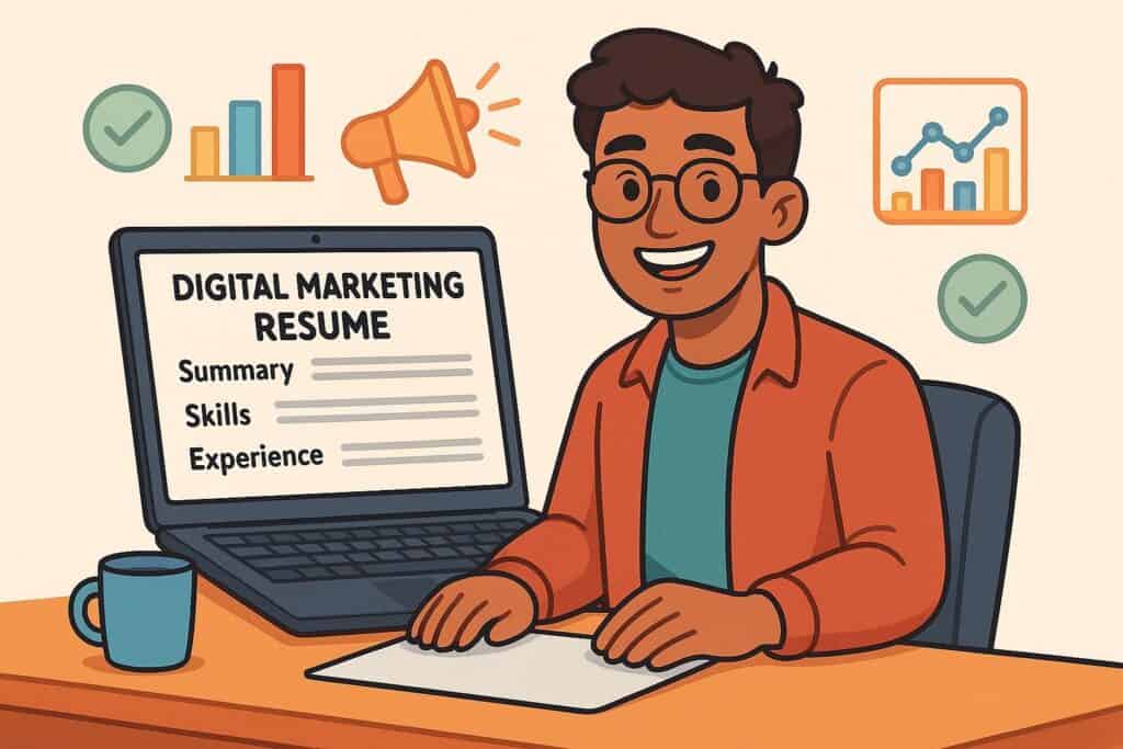 "Cartoon-style illustration of a marketer sitting at a desk with a laptop displaying 'Digital Marketing Resume,' surrounded by charts, checkmarks, and a megaphone in soft pastel colors."