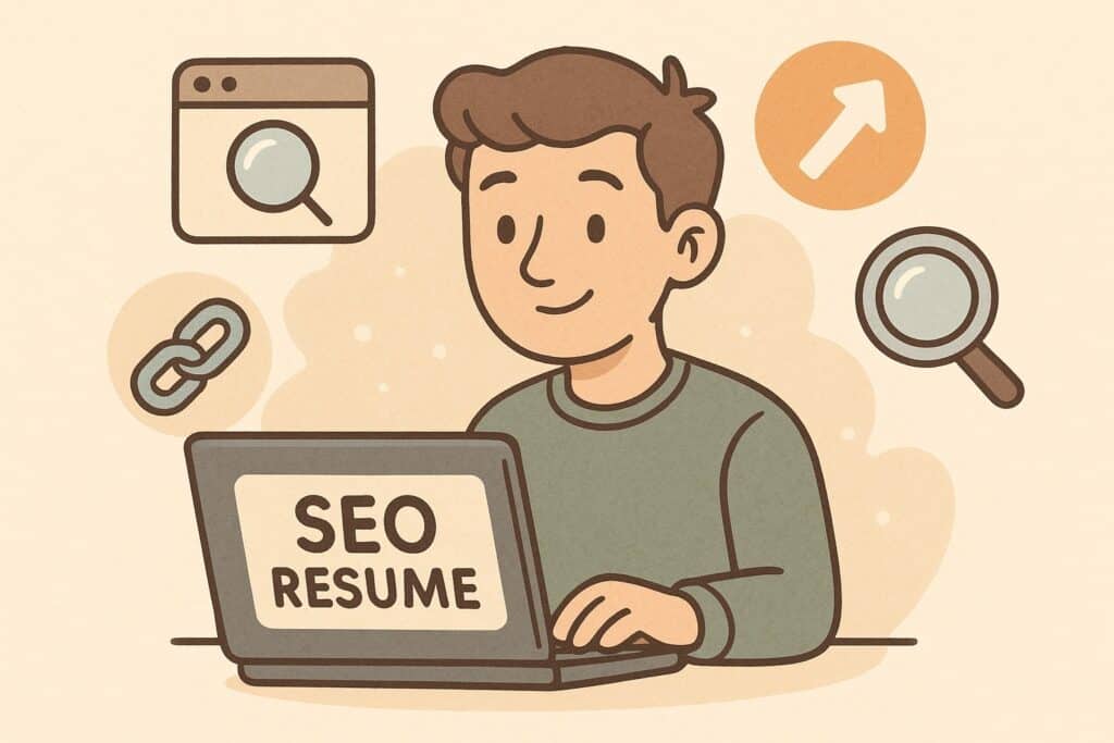"Cartoon marketer reviewing an 'SEO Resume' on a laptop with SEO icons like backlinks, magnifying glass, and upward arrows floating around."