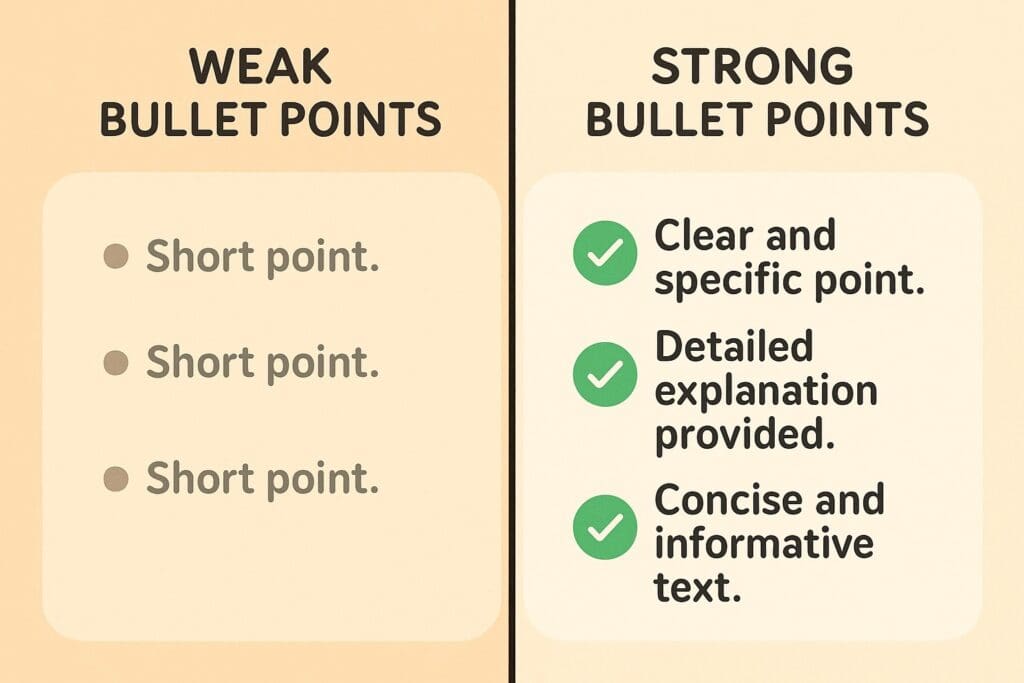 Graphic comparing weak bullet points and strong bullet points, showing vague examples on the left and detailed bullet points with check marks on the right.