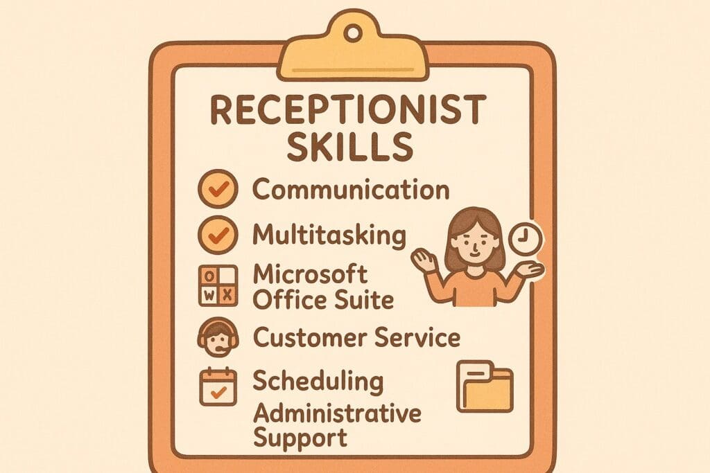 Graphic of receptionist skills including communication, multitasking, Microsoft Office Suite, customer service, scheduling, and administrative tasks.