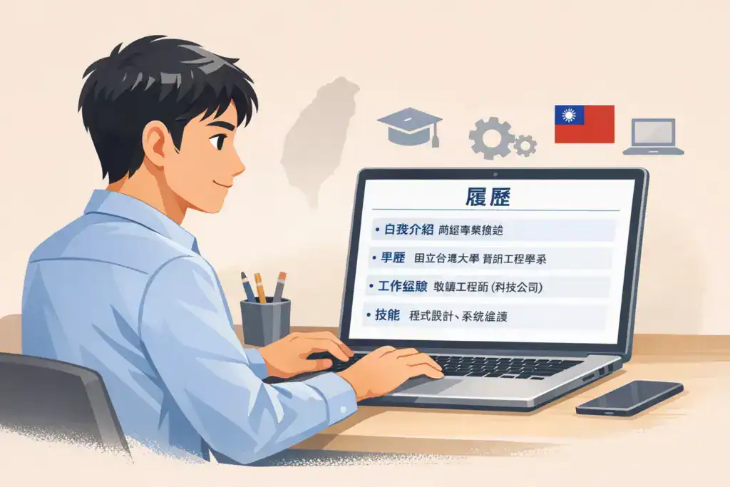 台灣履歷範例插圖，一名年輕求職者在桌前使用筆電撰寫履歷，螢幕顯示標準台灣履歷格式，包含自我介紹、學歷、工作經驗與技能，背景有台灣地圖與台灣國旗圖示，風格為清晰專業的角色插畫。