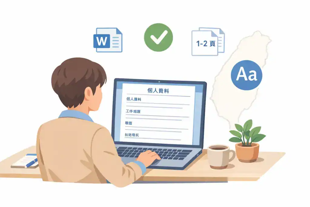 Alt text（繁體中文）：
一名台灣求職者坐在書桌前使用筆電編輯履歷，螢幕上顯示簡潔的 Word 履歷模板與清楚的區塊標題。畫面周圍有 Word 文件、ATS 勾選符號、1–2 頁標示與字體圖示，背景為台灣地圖，呈現適合 ATS 讀取、設計簡單的履歷模板選擇情境