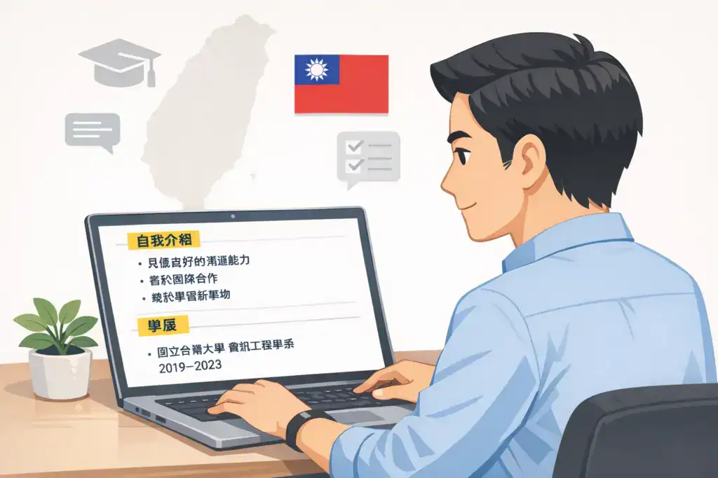 一名台灣求職者坐在書桌前使用筆電撰寫履歷，螢幕上顯示「自我介紹」與「學歷」區塊，內容包含溝通能力、團隊合作與學習意願，以及國立台灣大學資訊工程學系（2019–2023）。背景有台灣地圖與國旗圖示，整體風格為清晰的角色插畫，呈現台灣標準履歷格式。